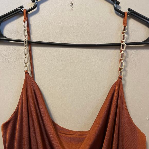 Jason Wu Emmett Burnt Orange Rhinestone Cowl Neck Jumpsuit Size Medium - Picture 3 of 7